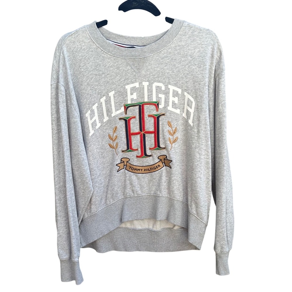 Tommy Hilfiger Womens Gray Embroidered Logo Crest Crewneck Sweatshirt Large